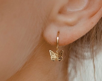 Butterfly Huggie Earrings Sterling Silver | Small Hoop Earrings with Butterfly Pendant 18K Gold Plated