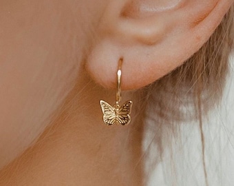 Butterfly Huggie Earrings Sterling Silver | Butterfly Hoop Earrings Silver 925 | Small Hoop Earrings with Butterfly Pendant 18K Gold Plated