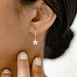 Flower Gemstone Huggie Earrings Gold Plated Sterling Silver 925 Silver Small Hoop Earrings Flower Charm image 4