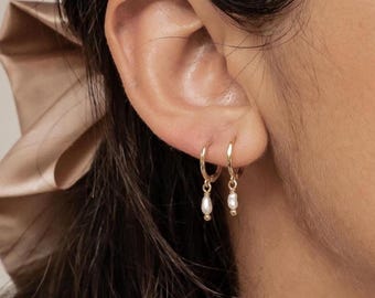 Pearl Huggie Earrings Gold Sterling Silver | Dainty Pearl Earrings | 925 Silver Hoop Earrings with Pearl Charm | Rose Gold Hoops
