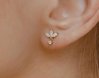 Gemstone Dangle Stud Earrings Sterling Silver | Tiny Stud Earrings CZ | Delicate Small Ear Studs in Gold, Silver