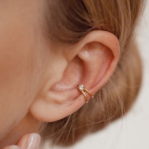 Gold Ear Cuff | 18K Gold Conch Hoop | Gold Cartilage Hoop | Zirconia Ear Wrap No Piercing | Fake Ear Piercing Sterling Silver