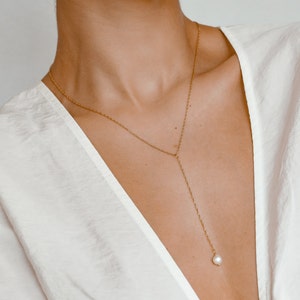 Y Kette mit Perle Sterlingsilber in Goldfarbe | Feine Kette Perlenanhänger 18K Vergoldet | Schmuck Roségold Silber Gold