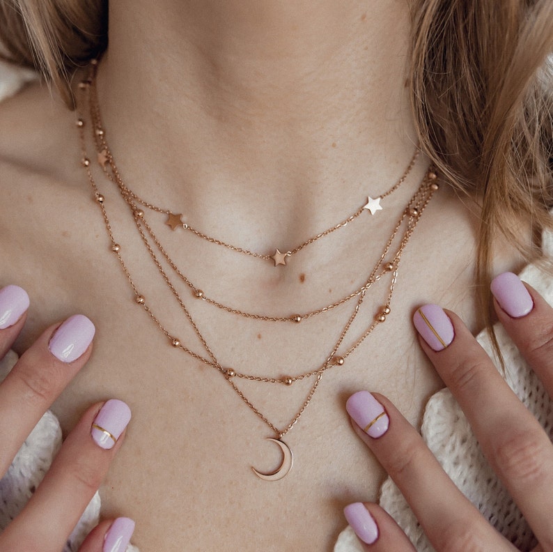 Layered Necklace Rose Gold Delicate Double Chain Necklace Satellite Chain Necklace Layered Necklace Silver Gold Ball Chain Necklace image 7