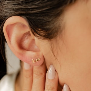 Cursive Love Stud Earrings Sterling Silver | Small Love Studs Gold | Love Word Script Stud Earrings