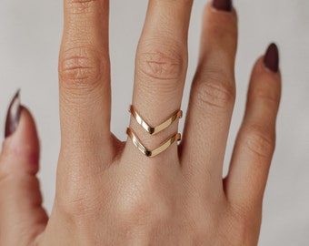 Double Chevron Ring in Gold Colour | Open Cuff Ring Stainless Steel Jewellery for Women