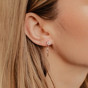 Clous d'oreilles fleur avec zircone en argent sterling 925 Boucles d'oreilles pendantes avec chaîne et breloques en pierres précieuses image 9