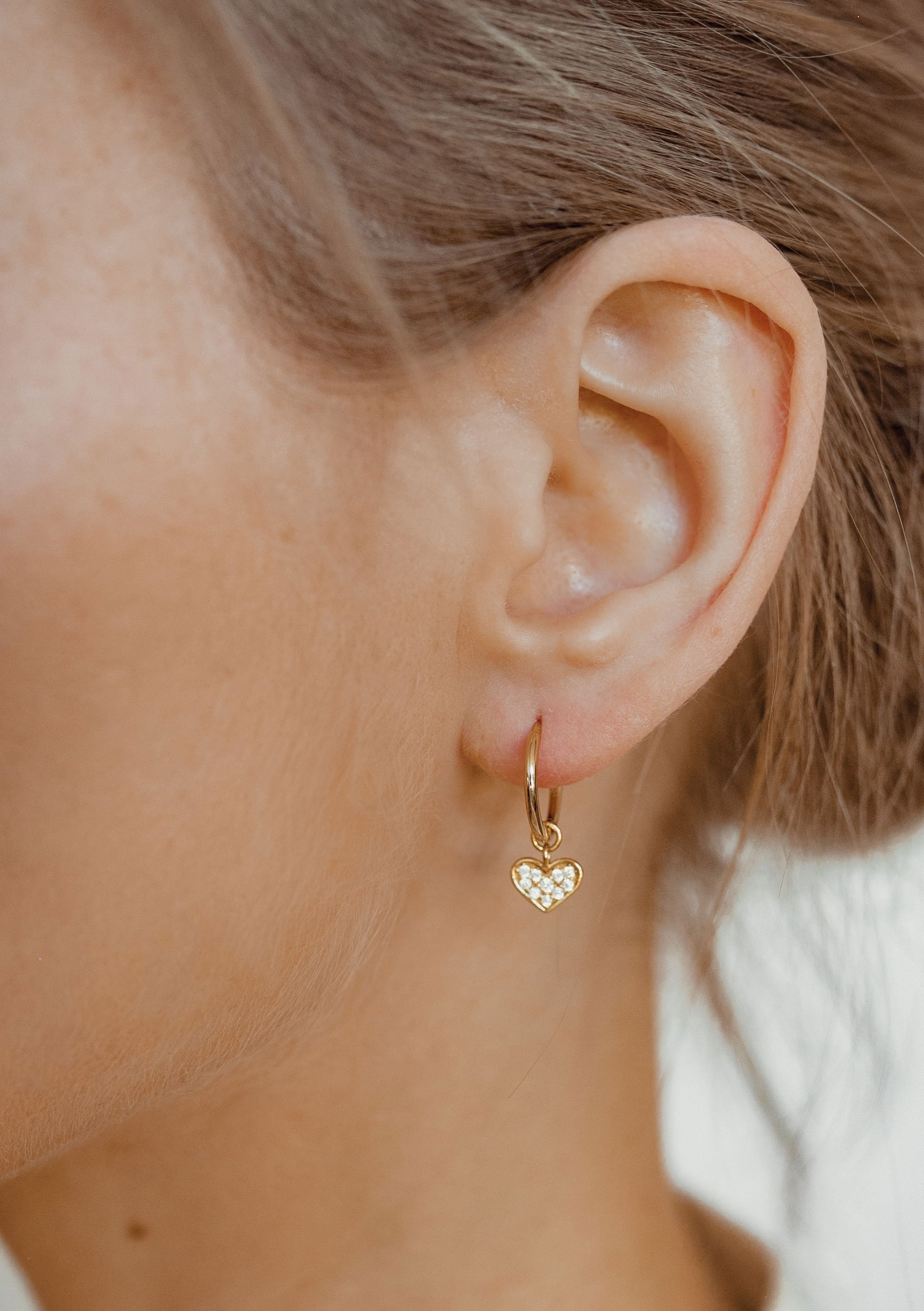 Heart Charm Hoop Earrings Gold Sterling 