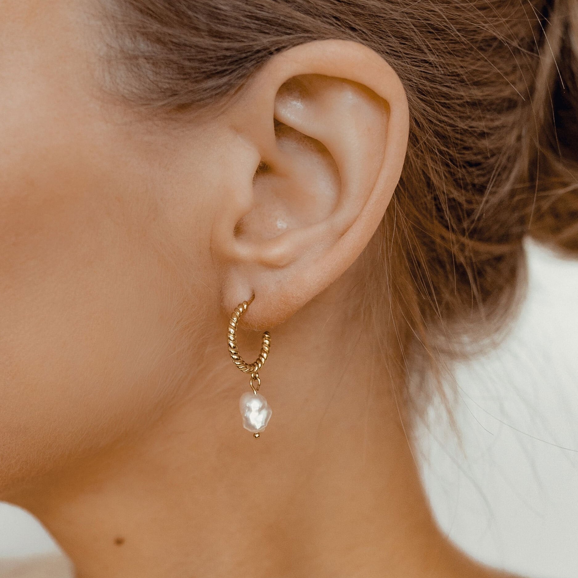 Twisted Hoop Pearl Drop Earrings Sterling Silver Gold Plated | Hoop Earrings with Pearl Pendant