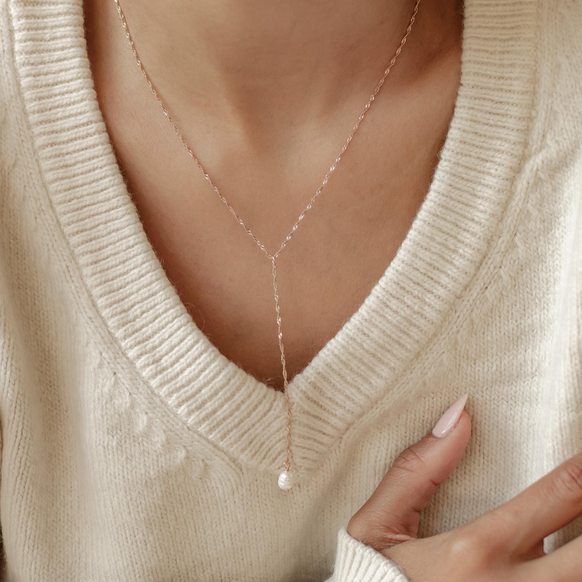 Pearl Pendant Y Necklace Sterling Silver | Delicate Pearl