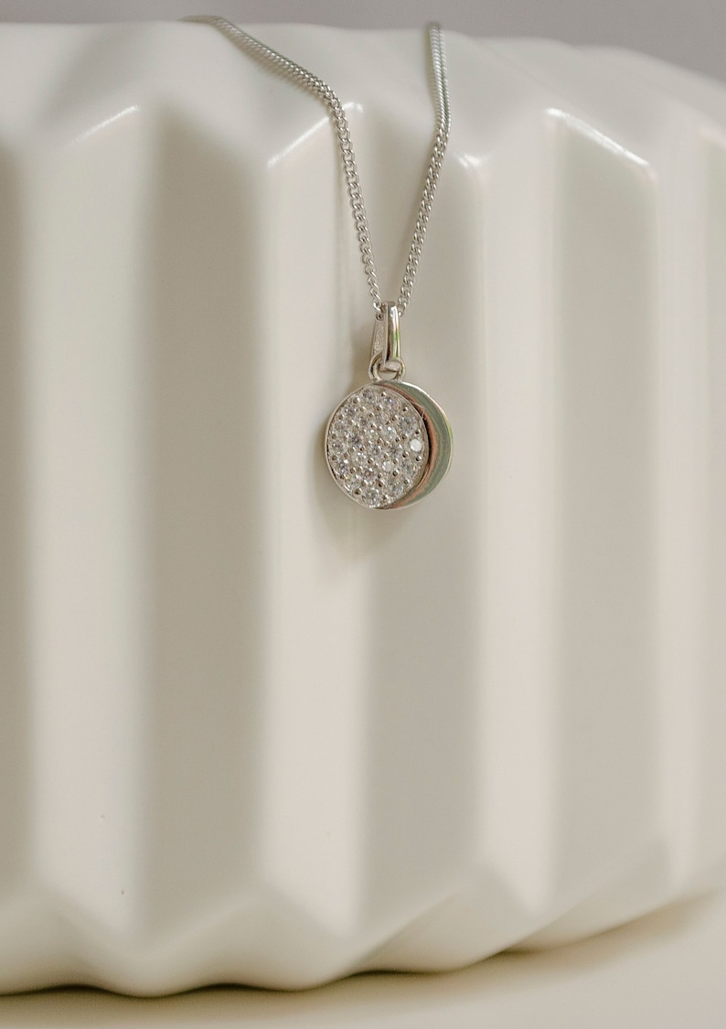 Moon Pendant Necklace Sterling Silver Round Zirconia Charm Necklace image 2