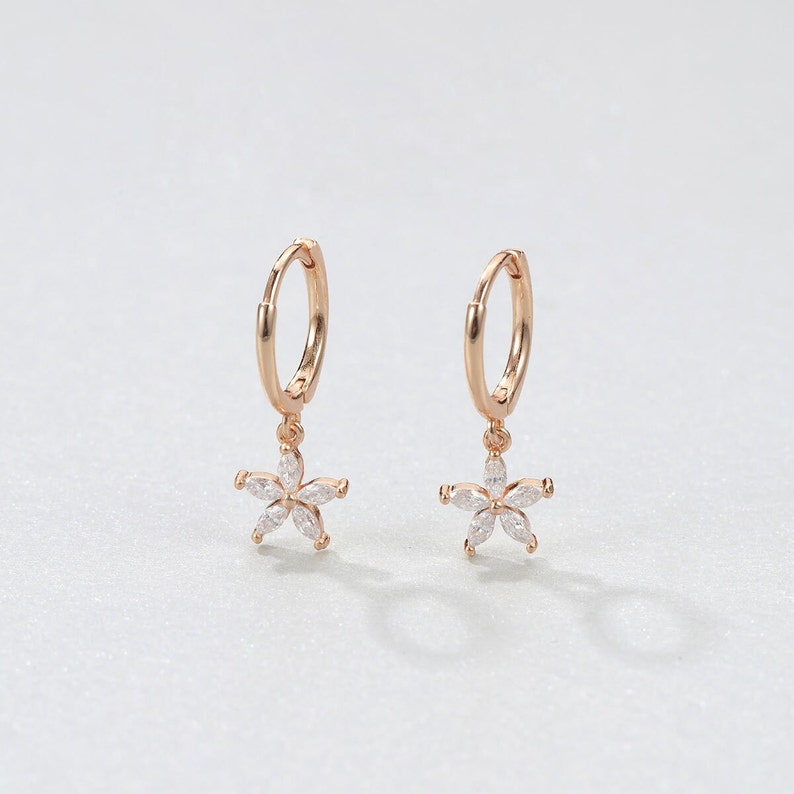 Gemstone Daisy Huggie Earrings Gold Plated Sterling Silver Sterling Silver Hoop Earrings Flower Charm Rose Gold Hoops image 4