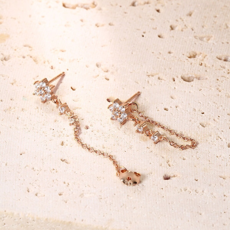 Clous d'oreilles fleur avec zircone en argent sterling 925 Boucles d'oreilles pendantes avec chaîne et breloques en pierres précieuses image 7