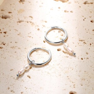 Double Pearl Hoop Earrings Gold Sterling Silver 925 Silver Hoop Earrings with Pearl Charm 18K Gold Plated image 4