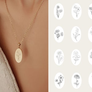 Birth Flower Necklace: Stainless Steel Oval Pendant, Personalized Jewelry