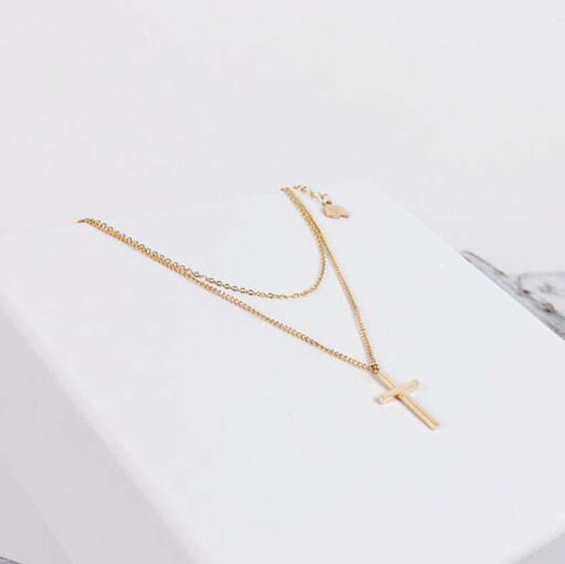 Cross Necklace Gold Colour Delicate Layered Necklace with Cross Pendant Stainless Steel Jewellery image 2