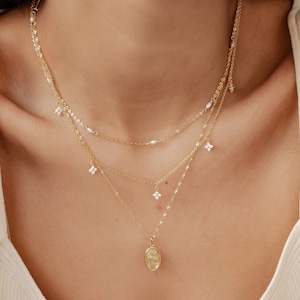 Layering Necklaces Set | Set of 3 Sterling Silver Necklaces: Gemstone Pendant Necklace, Pearl Charm Necklace and Daisy Oval Pendant Chain