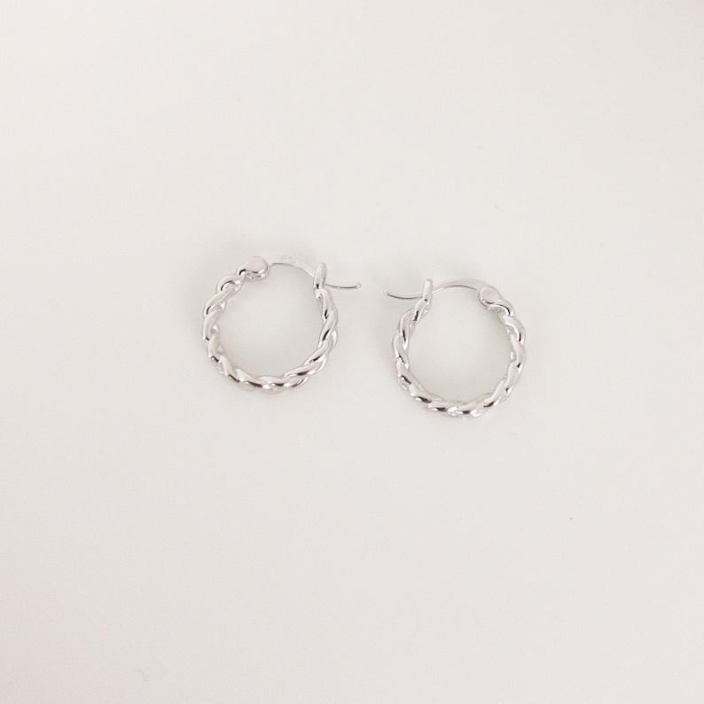 May include: A pair of silver hoop earrings with a twisted design.