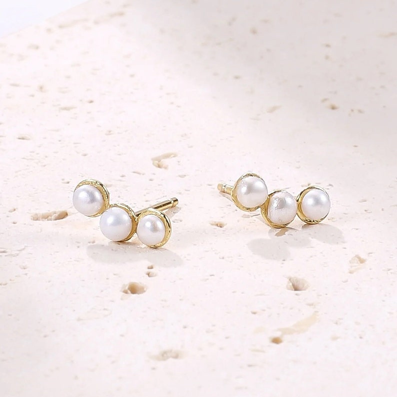 Trio Pearl Stud Earrings Sterling Silver Gold Plated Pearl Studs Minimalist Earrings with Pearls image 2