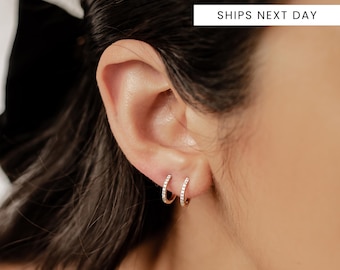 14K Gold Huggie Hoop Earrings: Dainty Zirconia Gemstone, Real Gold
