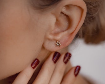 Gold Flower Stud Earrings | Solid Gold Stud Earrings 9K | Small Real Gold Earrings | Tiny Gold Stud Earrings