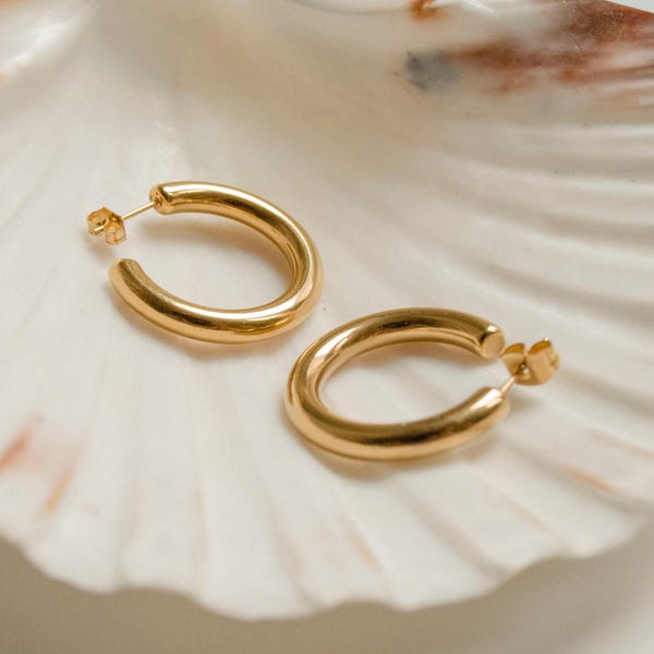 Mid Hoop Earrings in Gold, Silver, Rose Gold | Chunky Hoop Earrings | Waterproof Basic Round Thick Hoops Stainless Steel