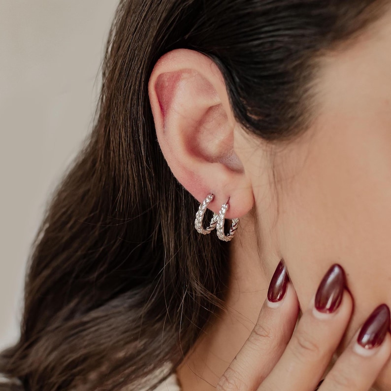 Braided Hoop Earrings Sterling Silver | Small 925 Silver Hoops Huggie Earrings 925 Silver image 4