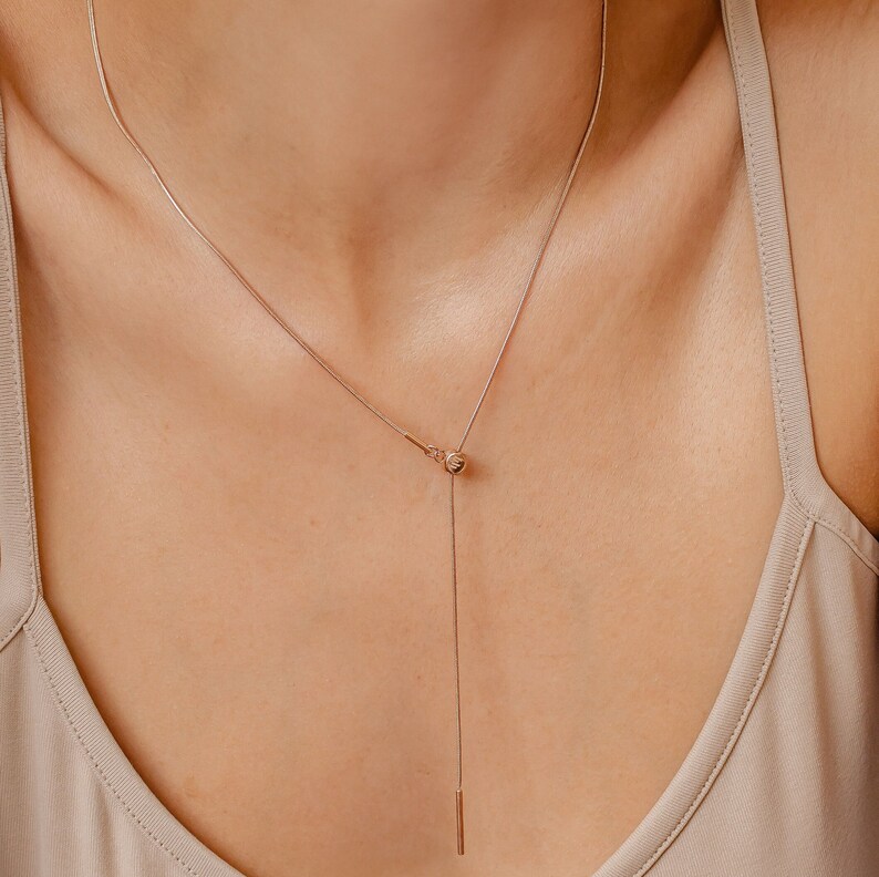 Slide Necklace Unisex Y Necklace Rose Gold Lariat Necklace Gold Snake Chain Silver Cable Chain Waterproof Necklace Transformable Snake Chain