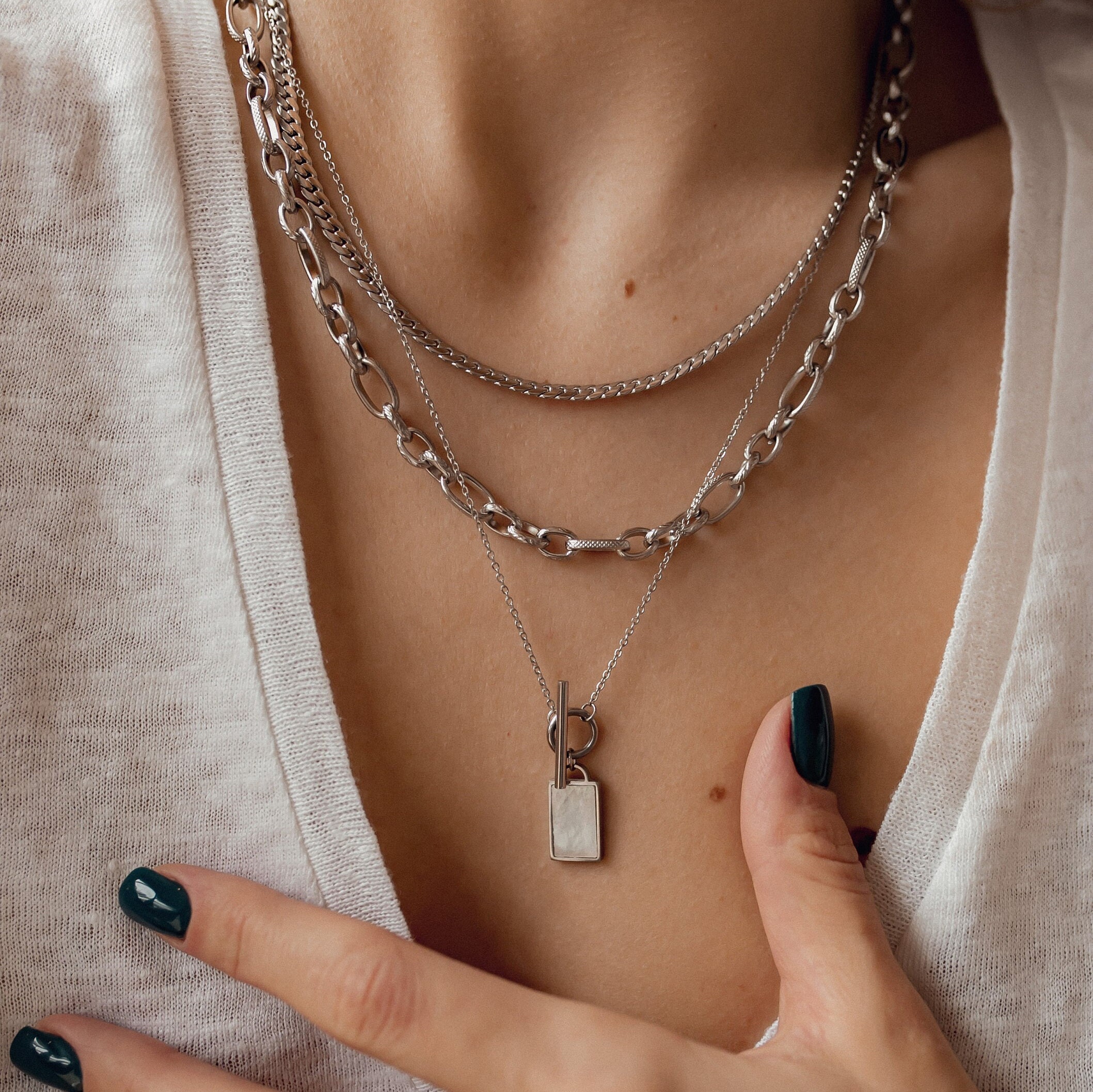 Rectangle Pendant T-Bar Chain Necklace Silver | Gold Toggle Necklace | Rose Gold Long Chain Necklace with Toggle Clasp and Shell Pendant