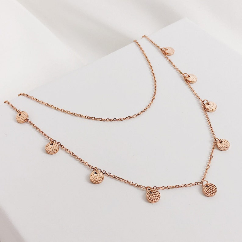 Multi-Strand Layered Necklaces Rose Gold 2 Necklaces: Double Layer Circle Necklace and Delicate Dog Tag Necklace Necklace Set of 2 Gold image 6