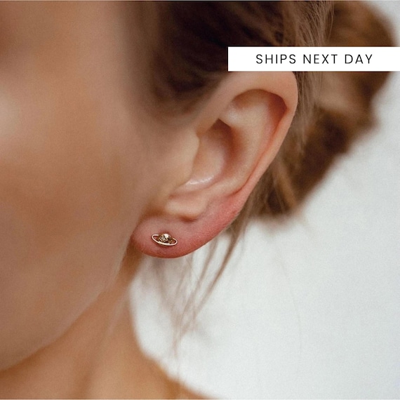 9K Solid Gold Saturn Stud Earrings: Galactic Zirconia Planet Studs
