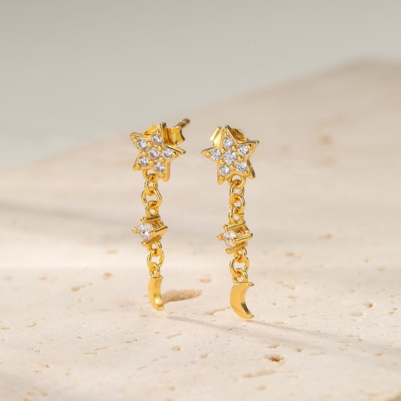 Moon Star Earrings | Star Dangle Earrings | Half Moon