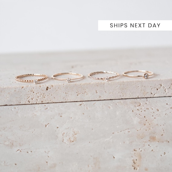 14K Solid Gold Lab Diamond Ring: Dainty Beaded, Twisted, Classic Band