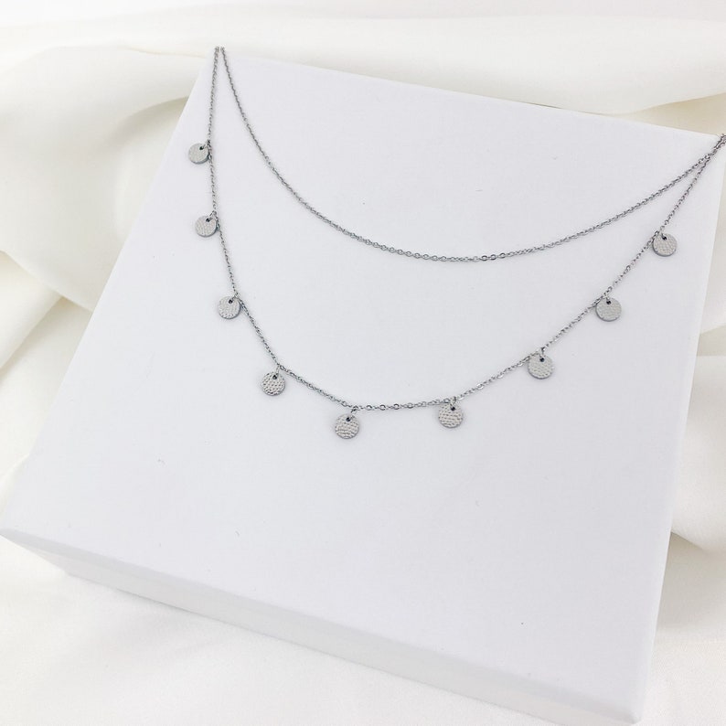 Textured Circle Layered Necklace Silver Dainty Women Necklace Stainless Steel image 3