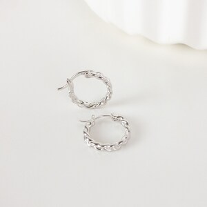 May include: A pair of silver hoop earrings with a twisted rope design.