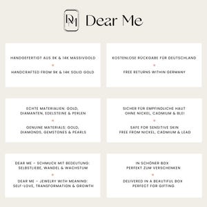 May include: A cream-colored graphic with the text "Dear Me" at the top. Below are text blocks describing jewelry features: handcrafted from solid gold, genuine materials, safe for sensitive skin, and jewelry with meaning. The text also mentions free returns and gifting.
