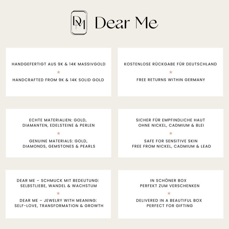 May include: A cream-colored graphic with the text "Dear Me" at the top. Below are text blocks describing jewelry features: handcrafted from solid gold, genuine materials, safe for sensitive skin, and jewelry with meaning. The text also mentions free returns and gifting.