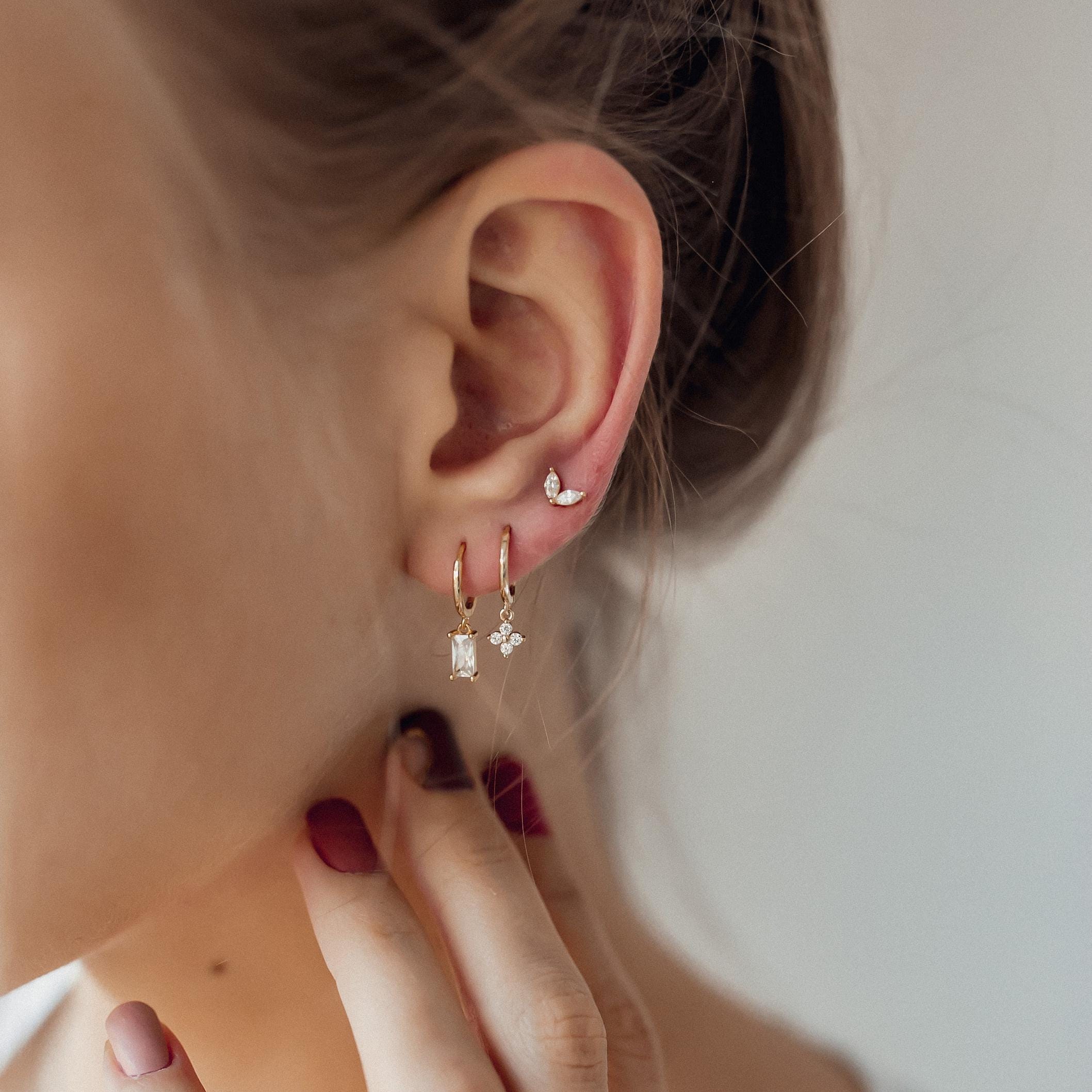 Ear Stack Set of 3 Sterling Silver Earrings Gold Plated Baguette Huggie Hoop Huggie Gemstone Charm and Small Stud Earring Etsy