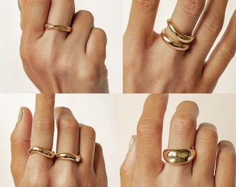 Statement Rings Gold Plated | Double Curve Ring Gold | Criss Cross Ring | Stainless Steel Dome Ring | Big Chunky Ring Gold