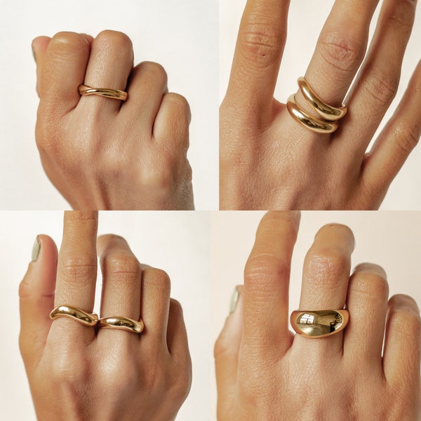 Statement Ringe vergoldet | Gold Dome Ring groß | Doppel Kurven Ring | Criss-Cross Ring | Kuppelring Edelstahl | Großer Chunky Ring