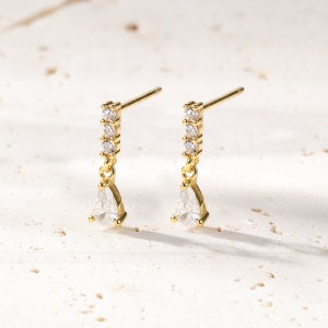 Dainty Teardrop Earrings Gold Sterling Silver Dangling Earrings CZ Stud Earrings Tiny Dangle Earrings image 2