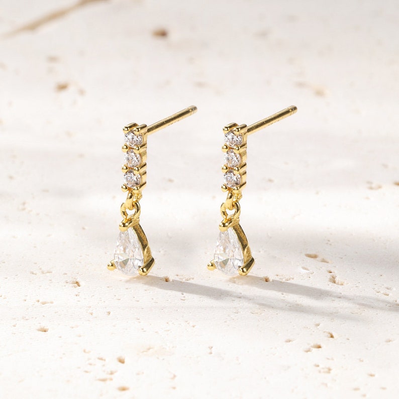 Dainty Teardrop Earrings Gold Sterling Silver Dangling Earrings CZ Stud Earrings Tiny Dangle Earrings image 2