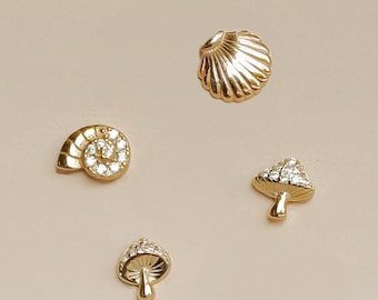 Dainty Stud Earrings | Mismatched Earrings | Sea Shell Studs | Nautilus Shell Stud Earrings | Mushroom Studs | 925 Silver Earrings