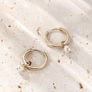 14K Gold Pearl Hoop Earrings Pearl Earrings 14K Gold Pearl Hoop Earrings 14K Gold Solid Gold Hoops 14K Gold Hoop Earrings image 2