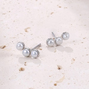 Trio Pearl Stud Earrings Sterling Silver Gold Plated Pearl Studs Minimalist Earrings with Pearls image 4