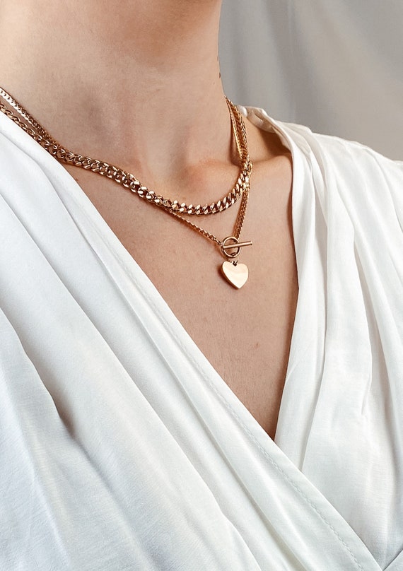 Heart Charm T-bar Necklace Rose Gold 