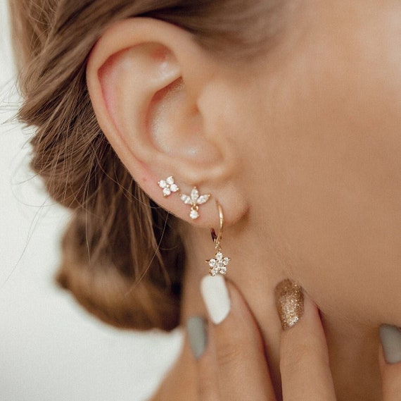 Stacking Set of 4 Sterling Silver Earrings Flower Inspired