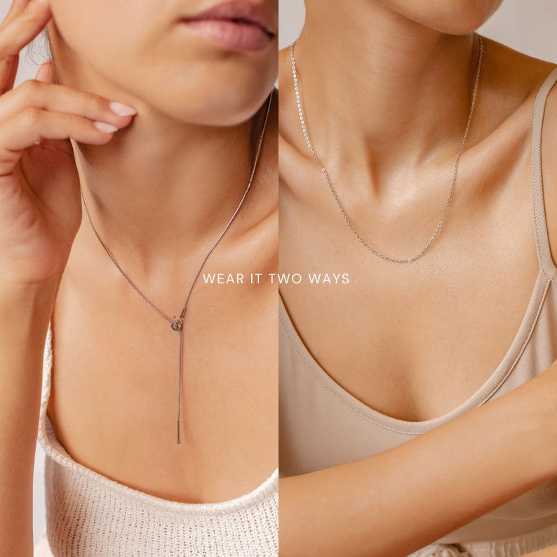 Slide Necklace Unisex Y Necklace Rose Gold Lariat Necklace Gold Snake Chain Silver Cable Chain Waterproof Necklace Transformable image 3