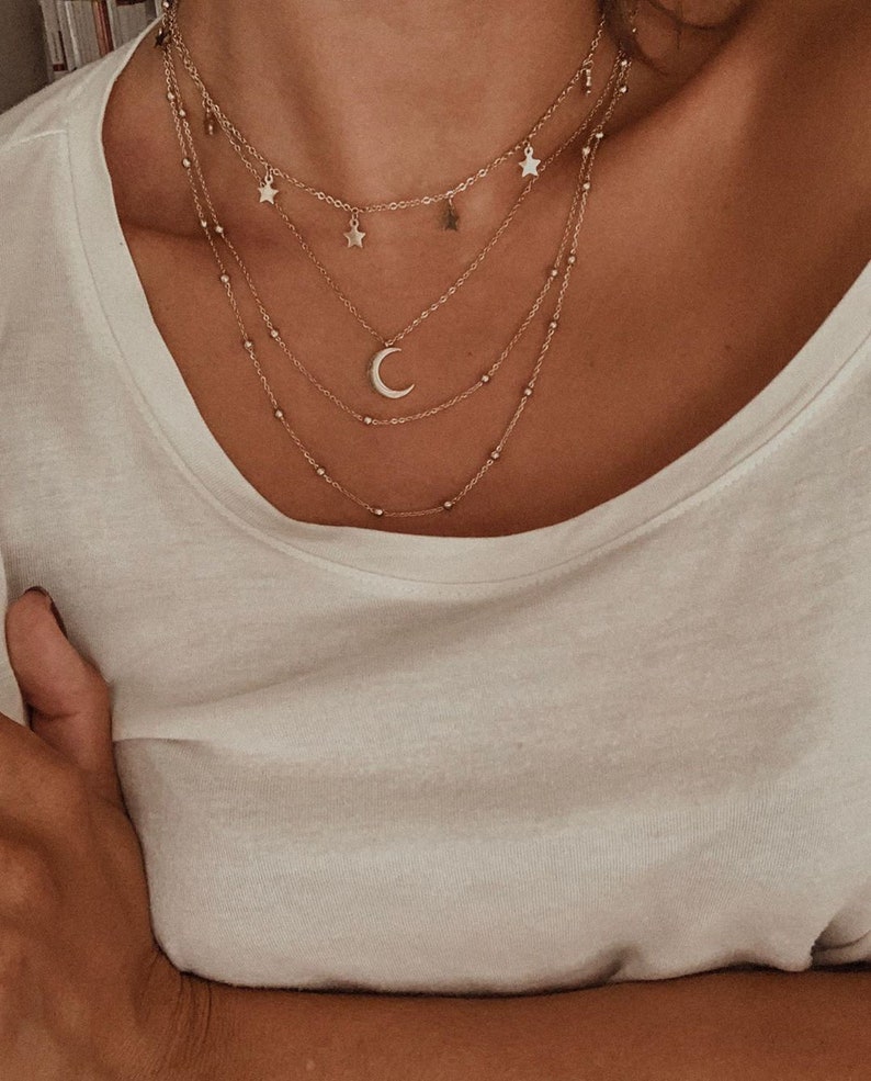 Multilayer Necklace Set in Gold 3 Necklaces Half Moon Necklace, Double Layered Necklace and Necklace with Star Charms image 1