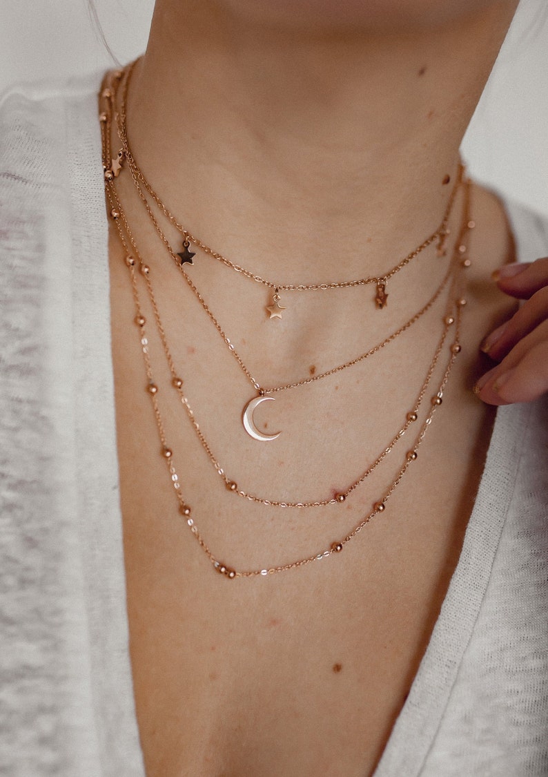 Multilayer Necklace Set Rose Gold 3 Necklaces Half Moon Necklace, Double Layered Necklace and Necklace with Star Charms image 1